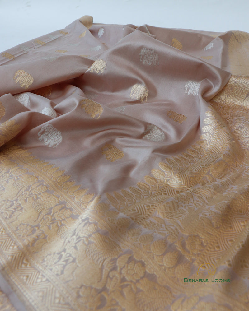 Beige Handloom Kataan Silk Shikargah Buti Banarasi Silk Saree