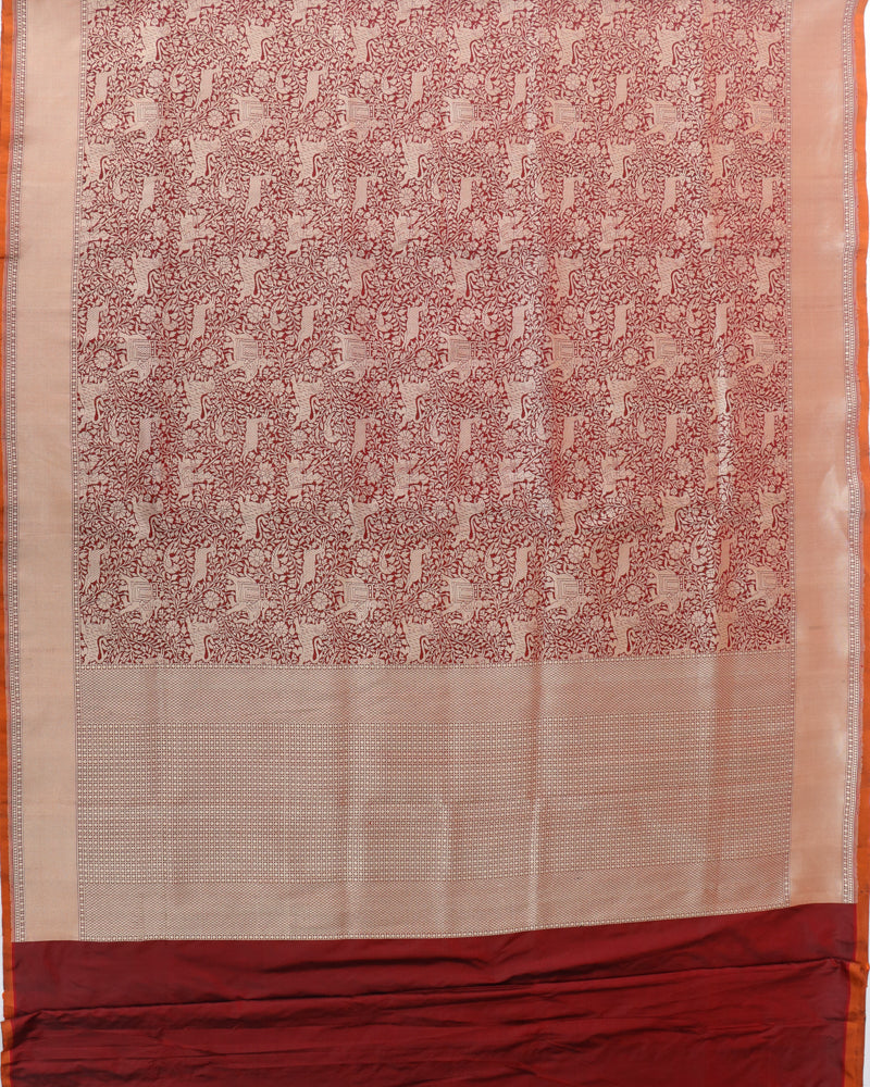 Maroon Pure Kataan Silk Shikargah Jangla Handwoven Banarasi Saree