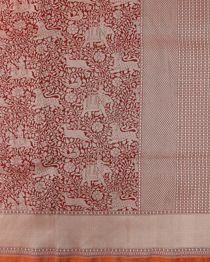 Maroon Pure Kataan Silk Shikargah Jangla Handwoven Banarasi Saree