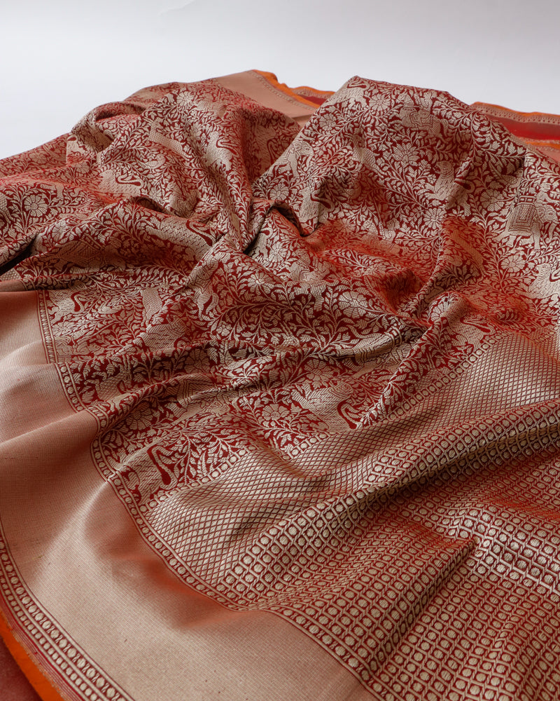 Maroon Pure Kataan Silk Shikargah Jangla Handwoven Banarasi Saree