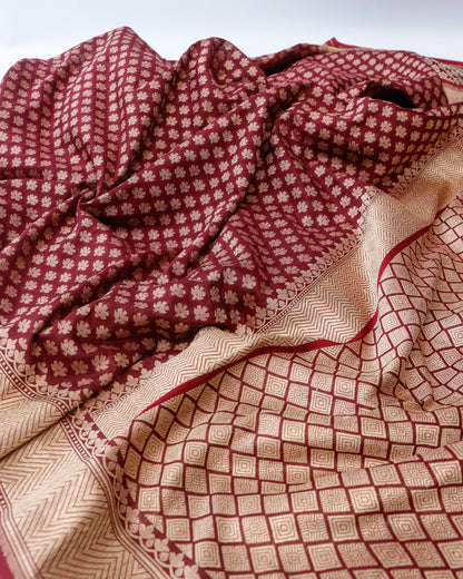 Maroon Pure Cotton Kataan Silk Jangla Handloom Banarasi Saree