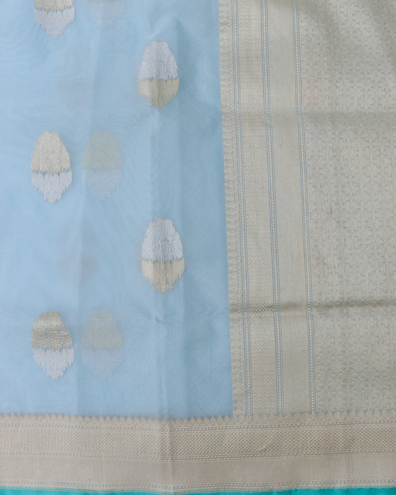 Light Blue Handloom Organza Kadhua Buti Banarasi Silk Saree