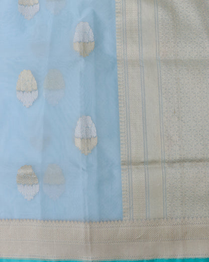 Light Blue Handloom Organza Kadhua Buti Banarasi Silk Saree
