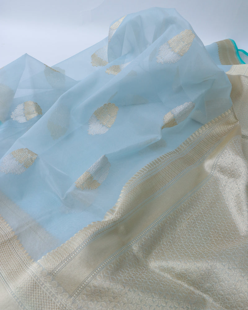 Light Blue Handloom Organza Kadhua Buti Banarasi Silk Saree