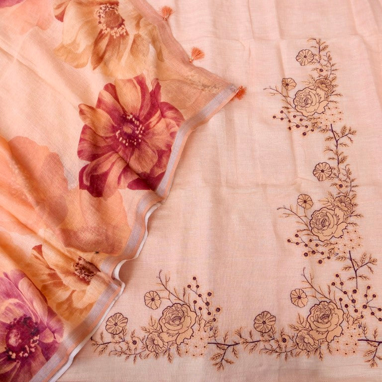 Peach Linen Silk Printed Unstitched Suit Fabric