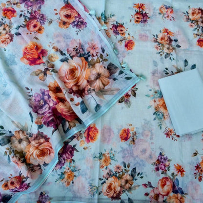 Sky Blue Linen Silk Printed Unstitched Suit Fabric