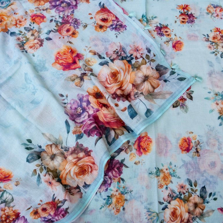 Sky Blue Linen Silk Printed Unstitched Suit Fabric