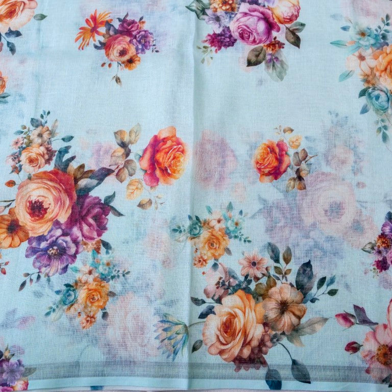 Sky Blue Linen Silk Printed Unstitched Suit Fabric