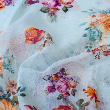 Sky Blue Linen Silk Printed Unstitched Suit Fabric