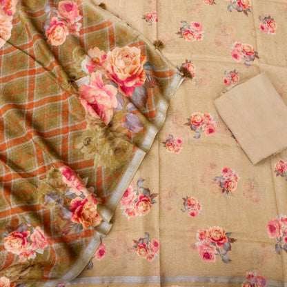 Olive Green Linen Silk Printed Unstitched Suit Fabric