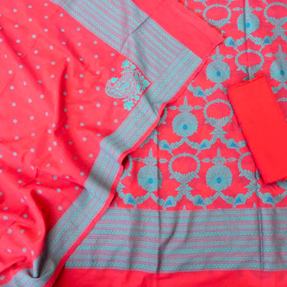 Red Cotton Silk Banarasi Unstitched Suit Fabric