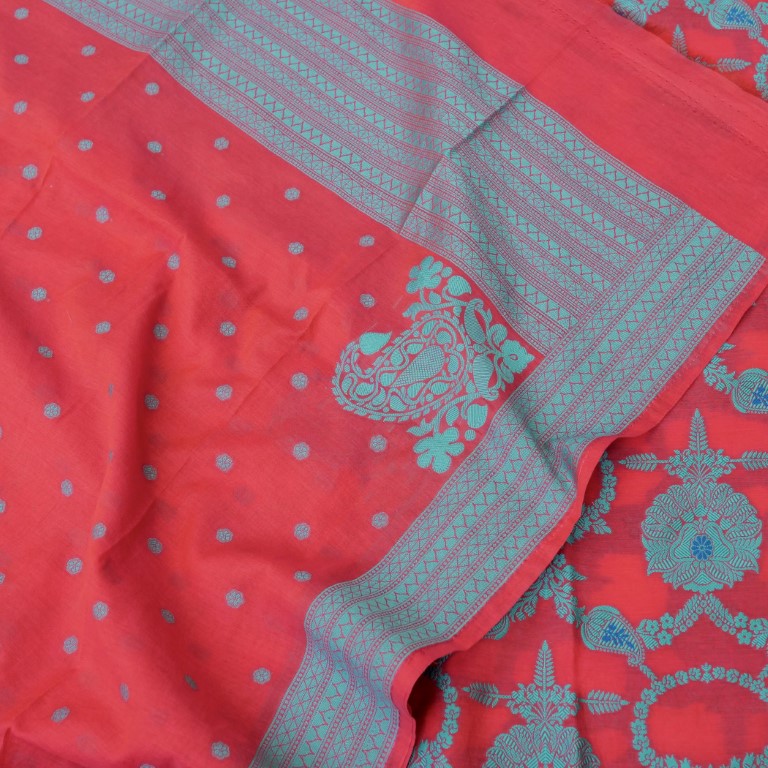 Red Cotton Silk Banarasi Unstitched Suit Fabric