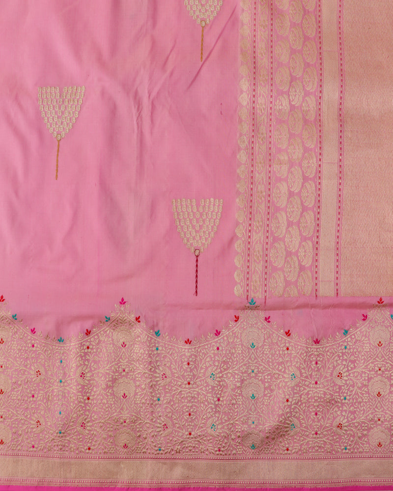 Pink Pure Kataan Silk Handloom Kadhua Buti Banarasi Saree