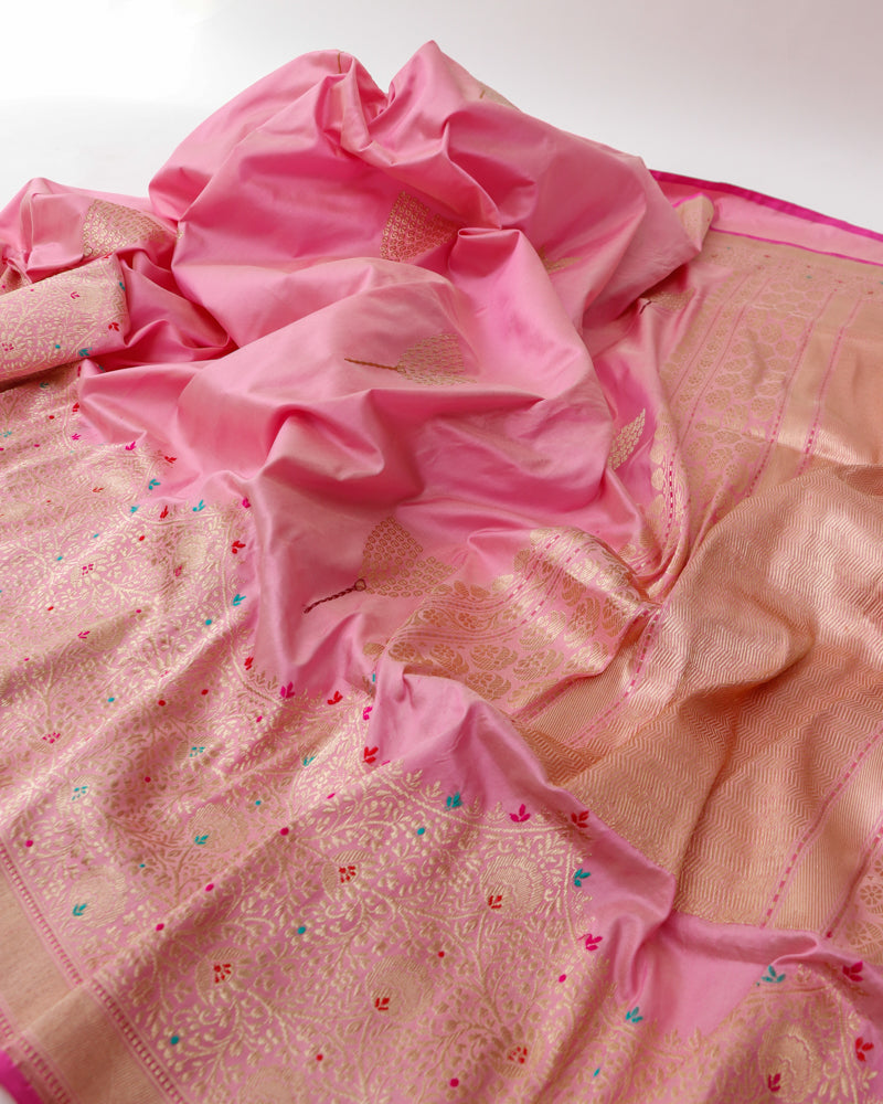 Pink Pure Kataan Silk Handloom Kadhua Buti Banarasi Saree