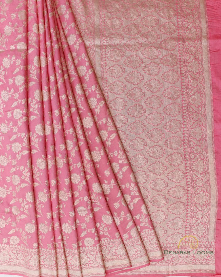Pink Handwoven Pure Kataan silk Jangla Banarasi Saree