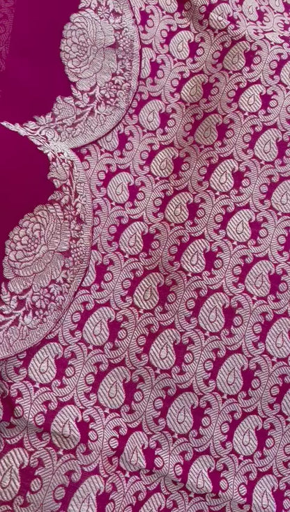 Pink Handwoven Pure Satin Silk Banarasi Suit Fabric with Organza Dupatta