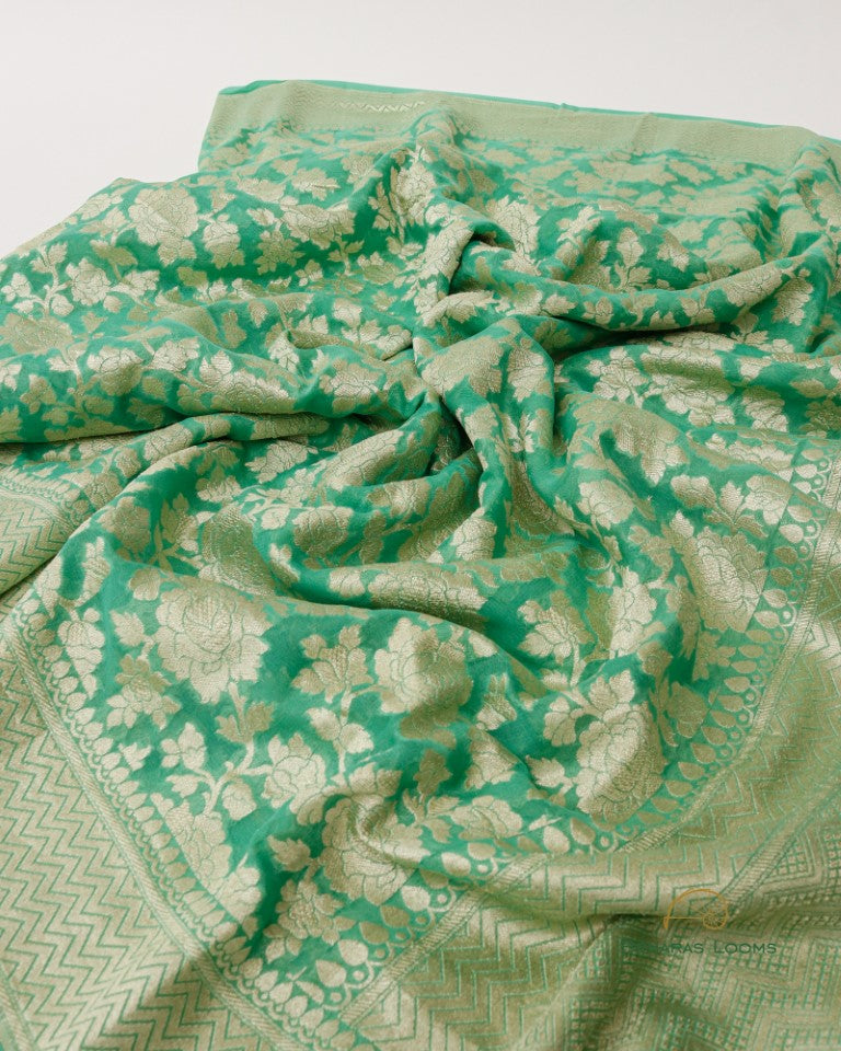Green Handloom Georgette Kadhua Jaal Banarasi Saree