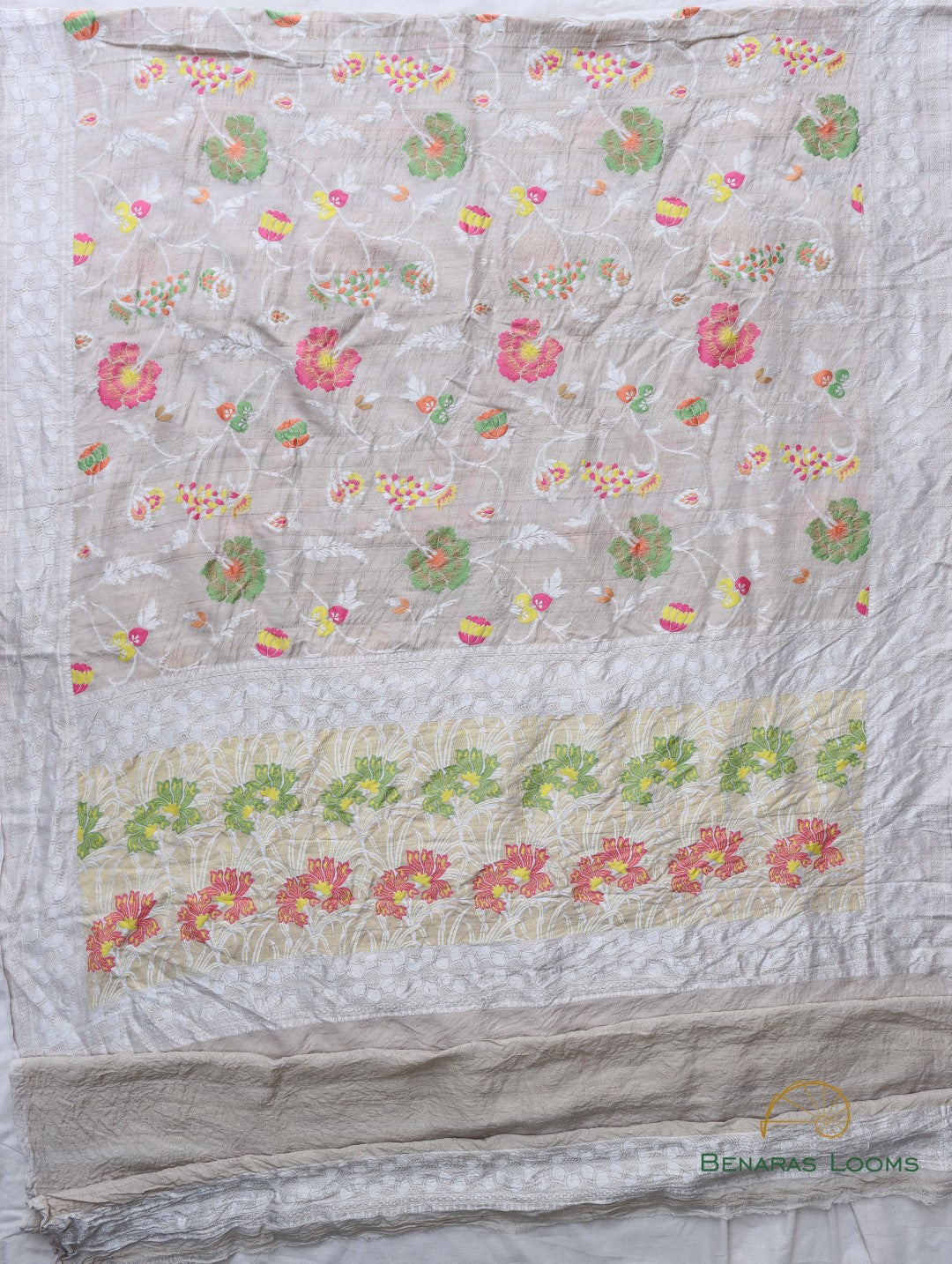 Cream Handloom Tussar Georgette Jaal Banarasi Saree