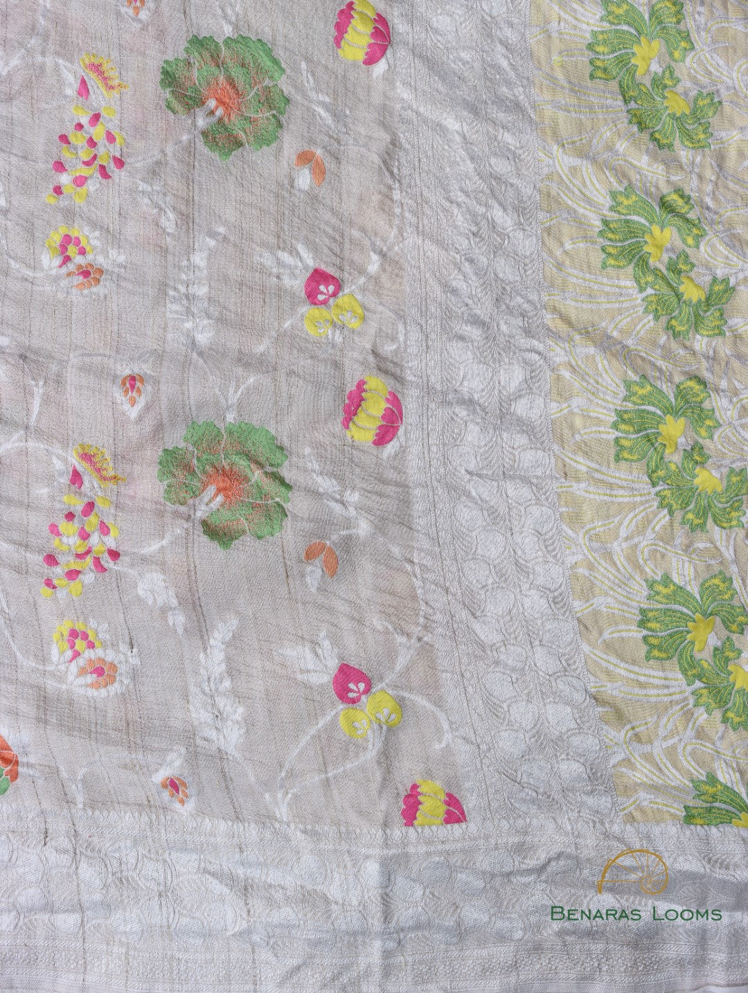 Cream Handloom Tussar Georgette Jaal Banarasi Saree