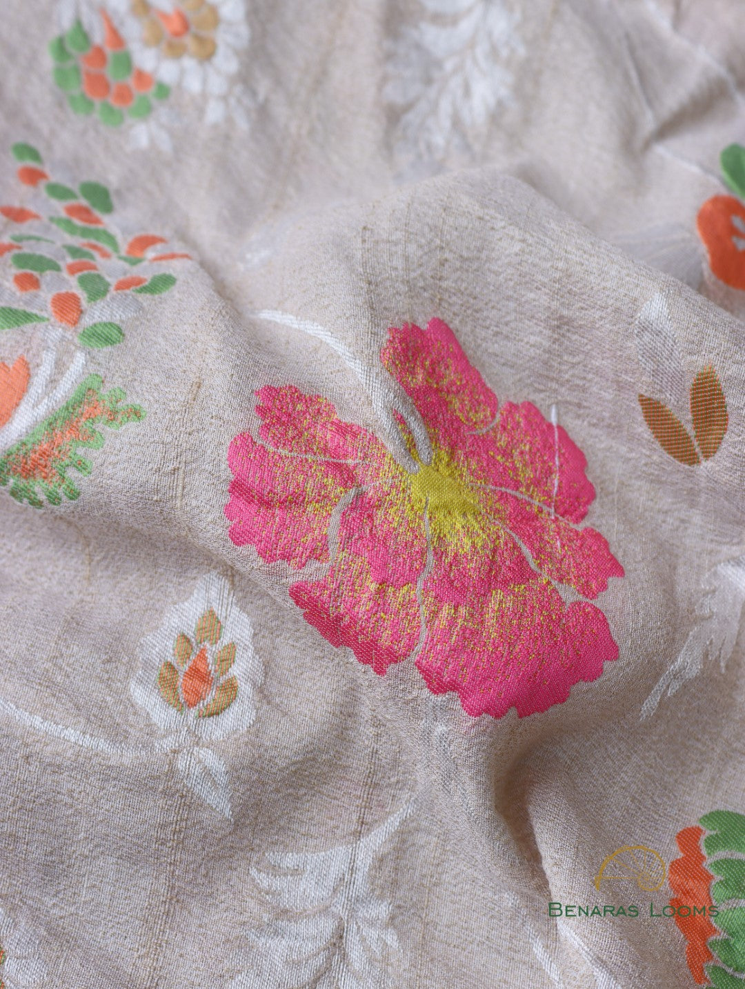 Cream Handloom Tussar Georgette Jaal Banarasi Saree