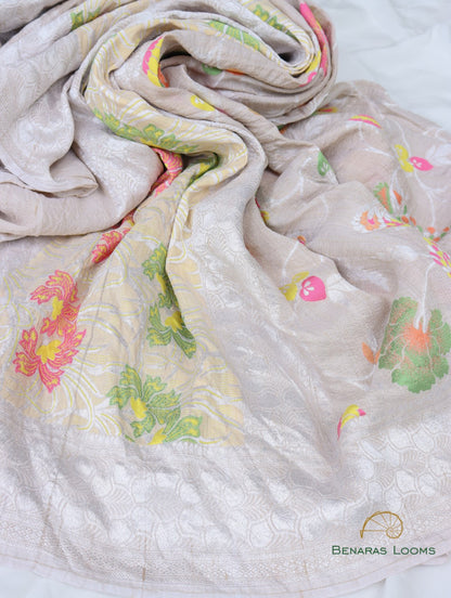 Cream Handloom Tussar Georgette Jaal Banarasi Saree