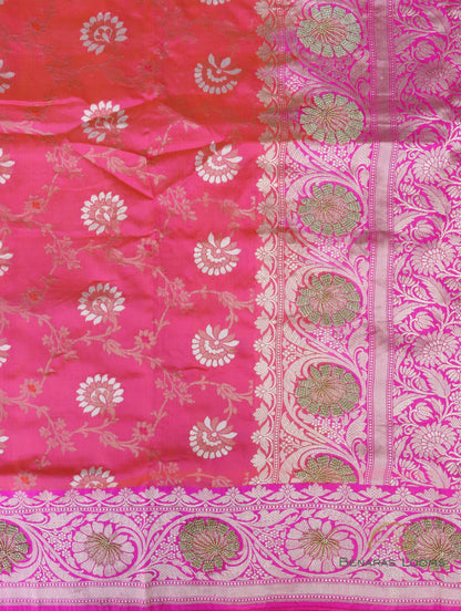 Pink Handwoven Kataan Silk Banarasi Saree with Hand Embroidery