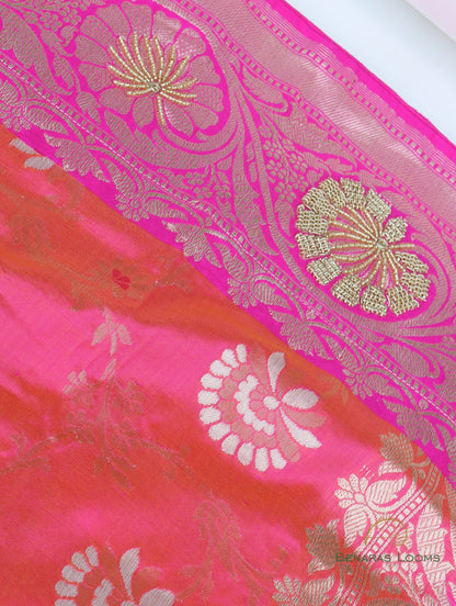 Pink Handwoven Kataan Silk Banarasi Saree with Hand Embroidery