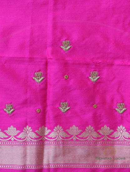 Pink Handwoven Kataan Silk Banarasi Saree with Hand Embroidery