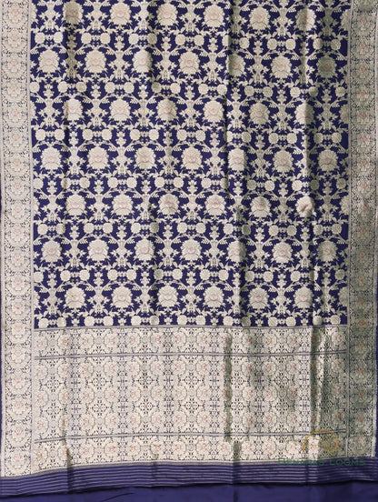 Navy Blue Handwoven Silk Kadhua Jangla Banarasi Saree
