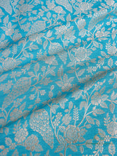 Load image into Gallery viewer, Blue Handwoven Pure Kataan Silk Brocade Jaal Banarasi Fabric
