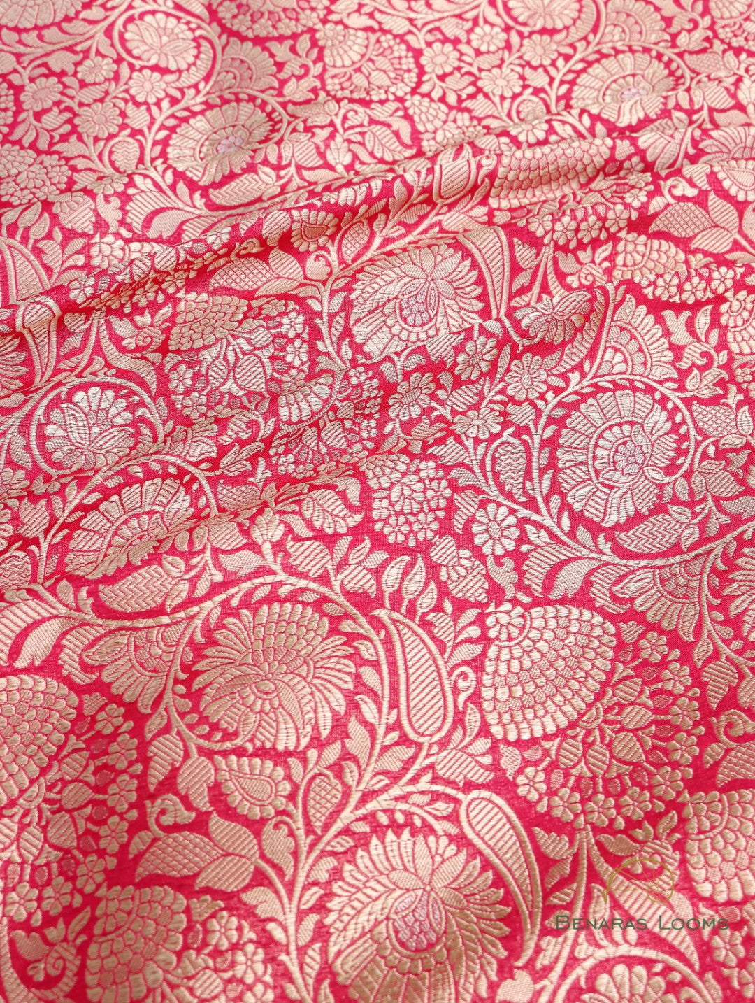 Pink Handwoven Pure Kataan Floral Jaal Fabric