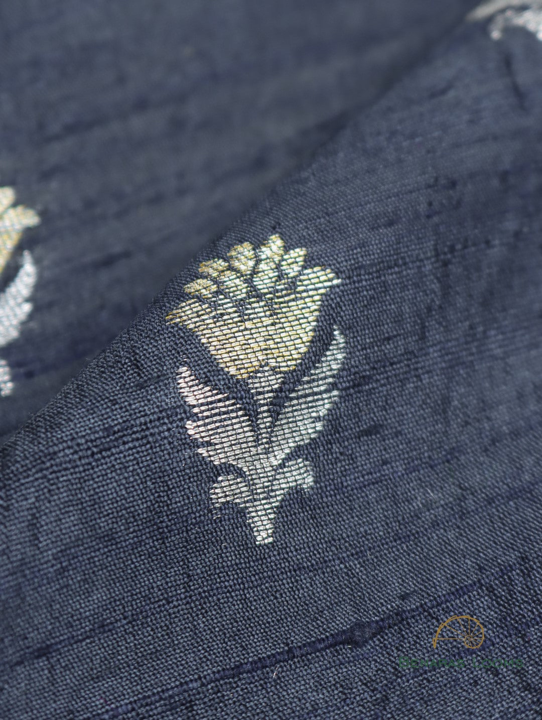 Blue Black Handwoven Pure Raw Silk Fabric