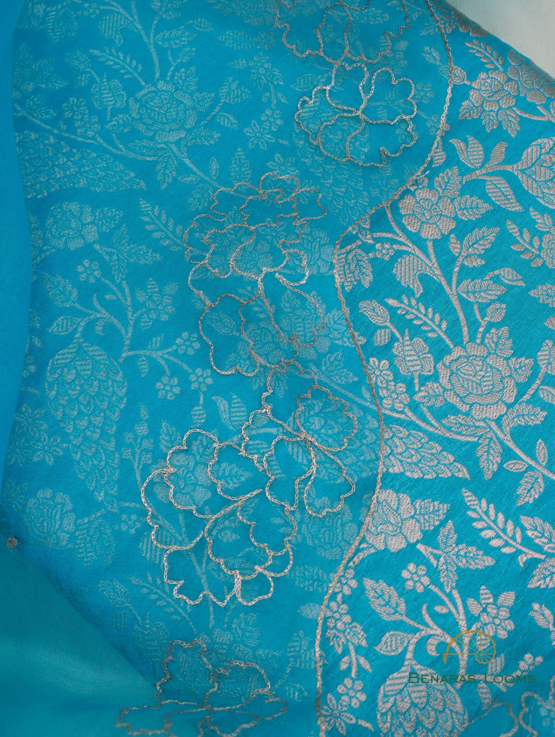 Blue Pure Kataan Silk 3 Piece Suit Set with Hand Embroidered Organza Dupatta