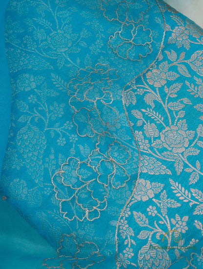Blue Pure Kataan Silk 3 Piece Suit Set with Hand Embroidered Organza Dupatta