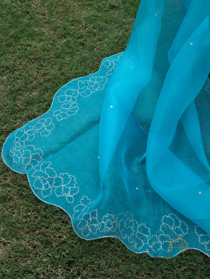 Blue Pure Kataan Silk 3 Piece Suit Set with Hand Embroidered Organza Dupatta