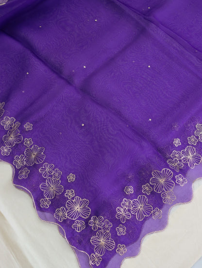 Purple Hand Embroidered Handwoven Organza Dupatta