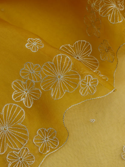 Yellow Hand Embroidered Handwoven Organza Dupatta