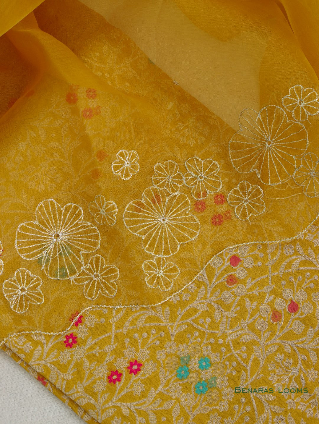 Yellow Hand Embroidered Handwoven Organza Dupatta