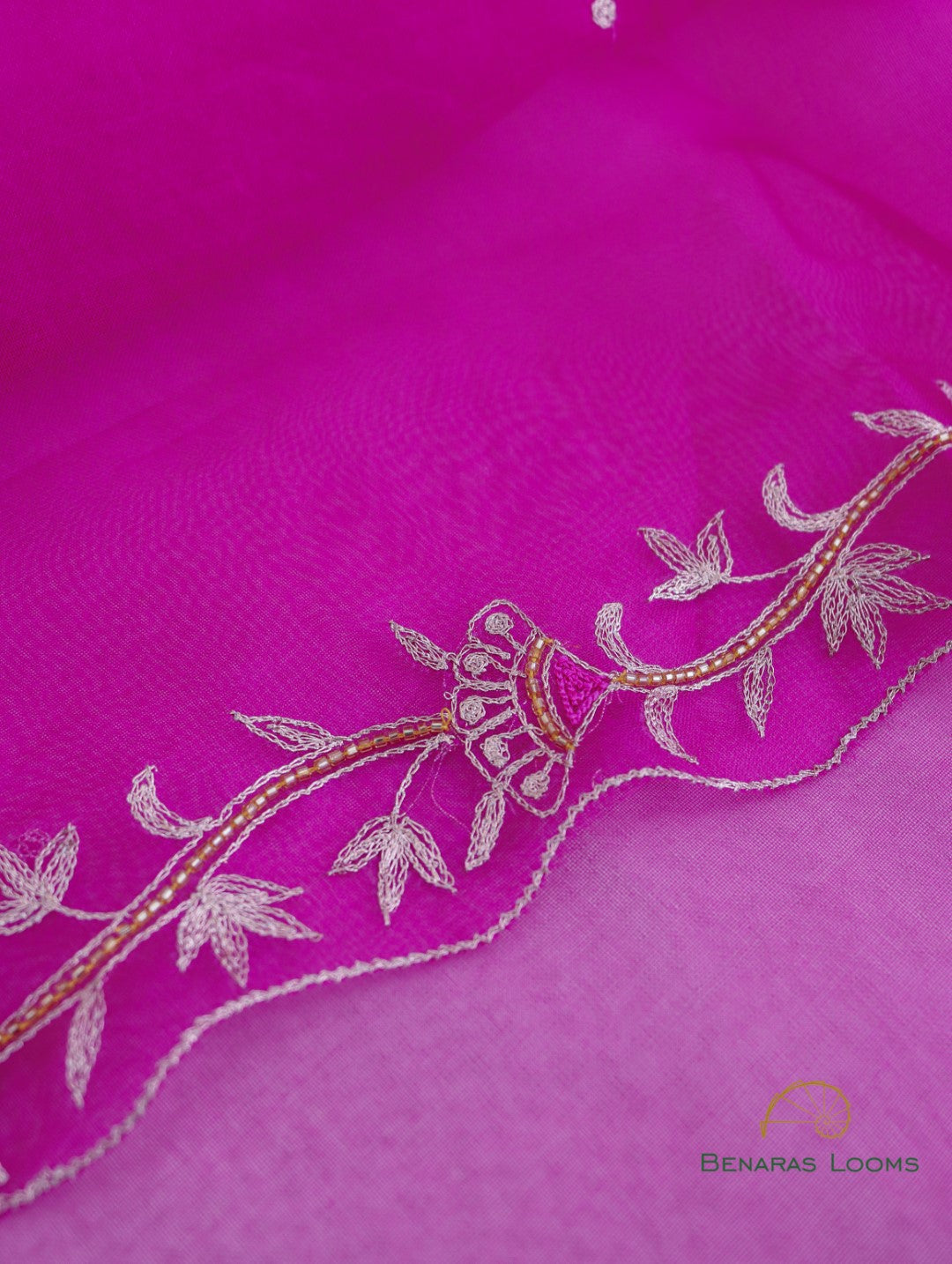 Pink Hand Embroidered Handwoven Organza Dupatta