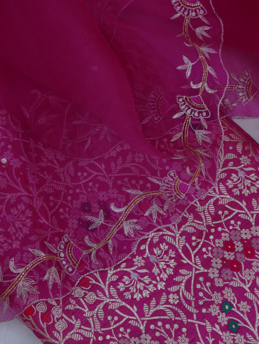 Pink Hand Embroidered Handwoven Organza Dupatta