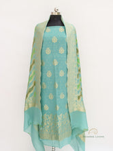 Load image into Gallery viewer, Teal Handwoven Pure Georgette Banarasi Suit Fabric with Georgette Dupatta
