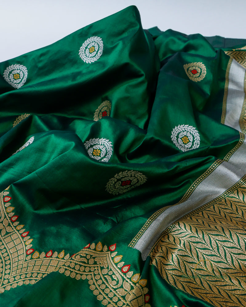 Dark Green Handwoven Pure Kataan Silk Kadhua Benarasi saree