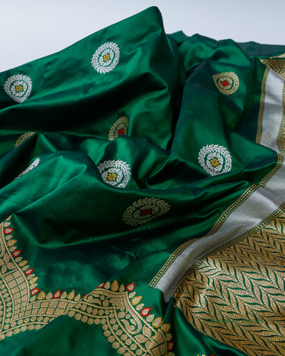Dark Green Handwoven Pure Kataan Silk Kadhua Benarasi saree
