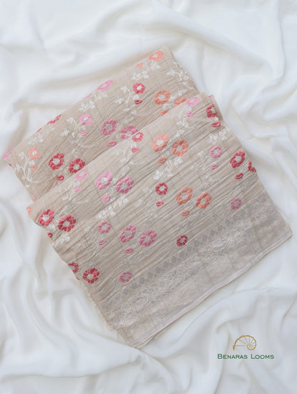 Handwoven Pure Tussar Silk Banarasi Saree with Meenakari