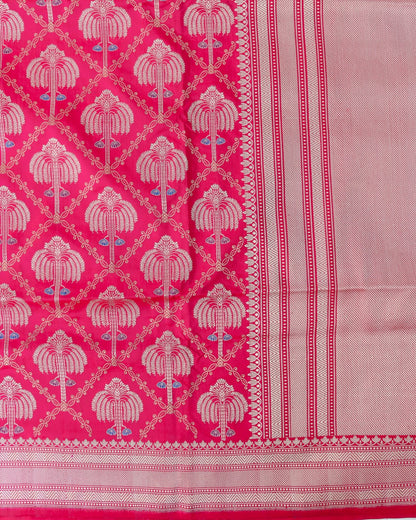 Pink Handwoven Pure Kataan Silk Kadhua Jangla Banarasi Saree