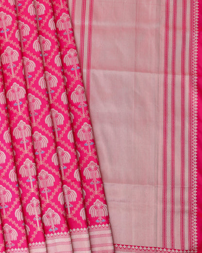 Pink Handwoven Pure Kataan Silk Kadhua Jangla Banarasi Saree
