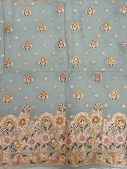 Gray Handwoven Banarasi Pure Organza Silk Unstitched Suit Set