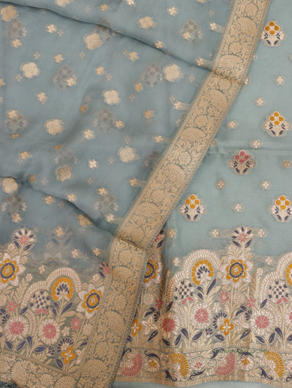 Gray Handwoven Banarasi Pure Organza Silk Unstitched Suit Set