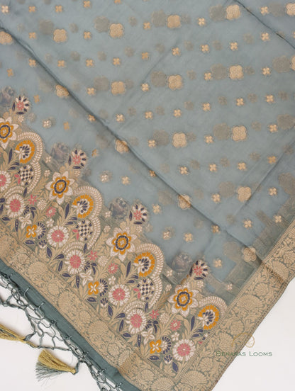 Gray Handwoven Banarasi Pure Organza Silk Unstitched Suit Set