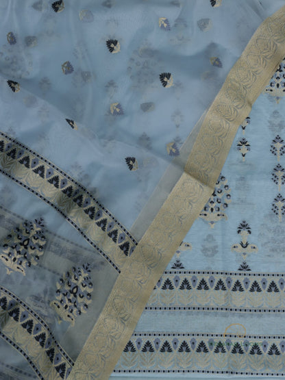 Powder Blue Floral Three Piece Banarasi Suit Set